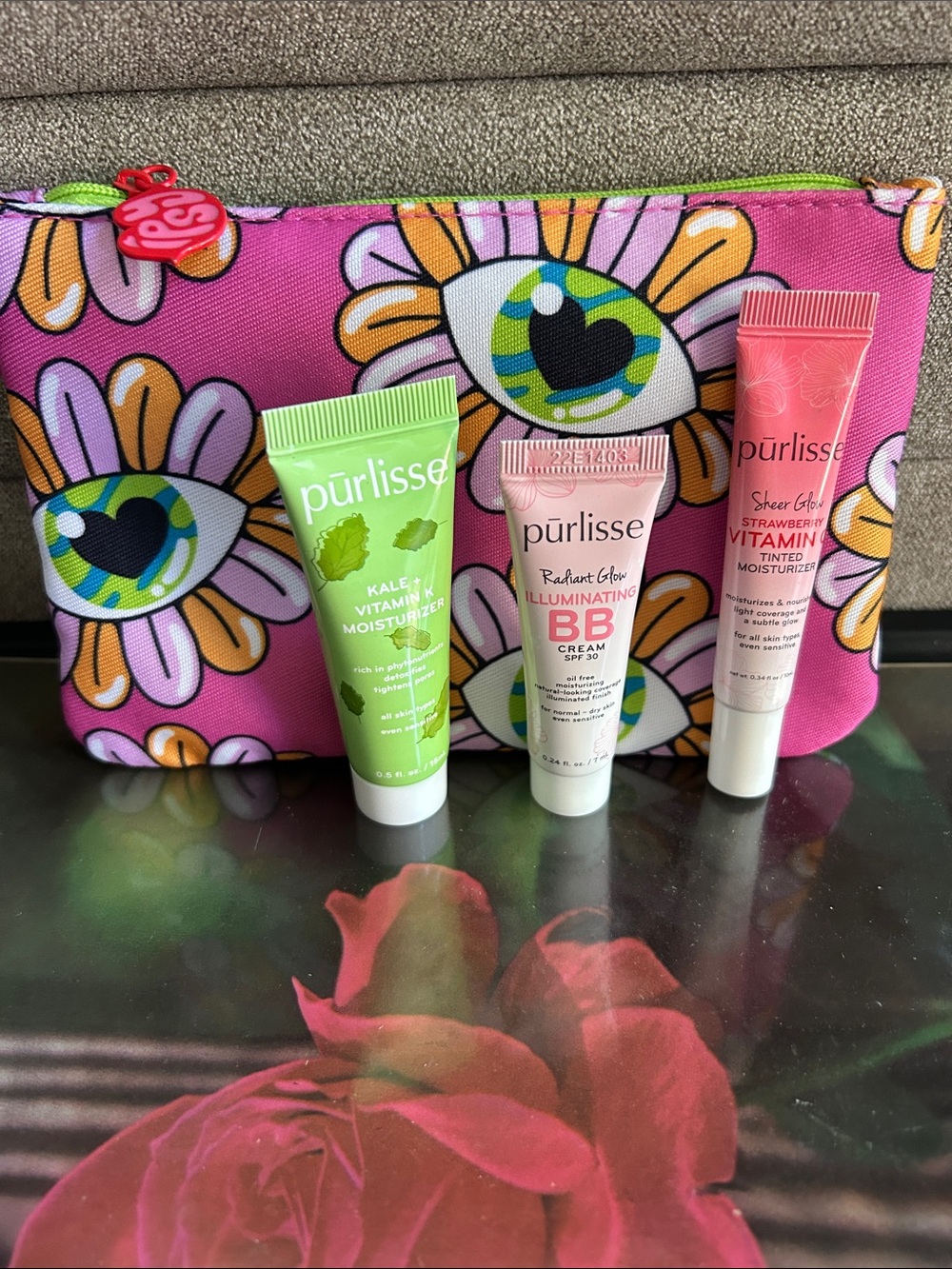 purlisse Pink Floral Eye-Print Cosmetic Pouch with Triple Skincare Minis